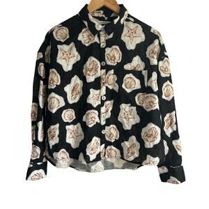 100% Linens Size Small Sea Shell Boxy Crop Style Button Down Blouse